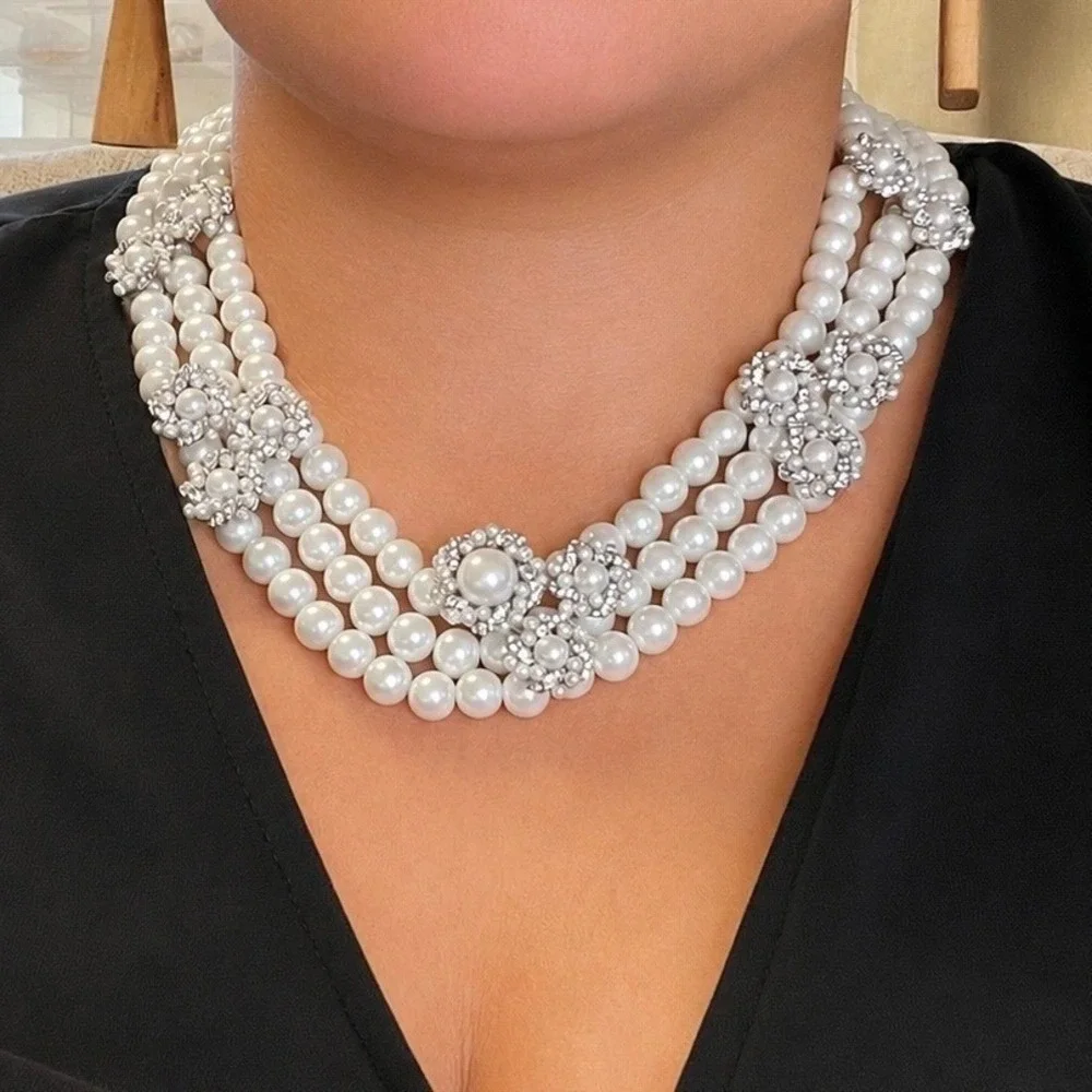 Charter Club Faux Pearl‎ Triple Strand Crystal Flower Statement Necklace Silver